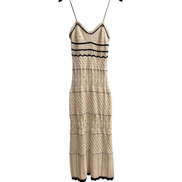 Olive + Oak Dress Womens L Ivory Crochet Knit Contrast Trim Maxi Boho Hippie - Picture 1 of 12